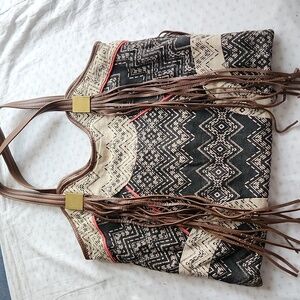 Ella Moss Linen Blend Aztec Canvas Tapestry and Leather Fringe Tote Bag